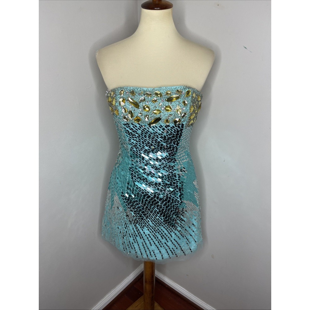 New‎ Sherri Hill Blue Beaded Sequined Strapless Mini Dress Sz 6